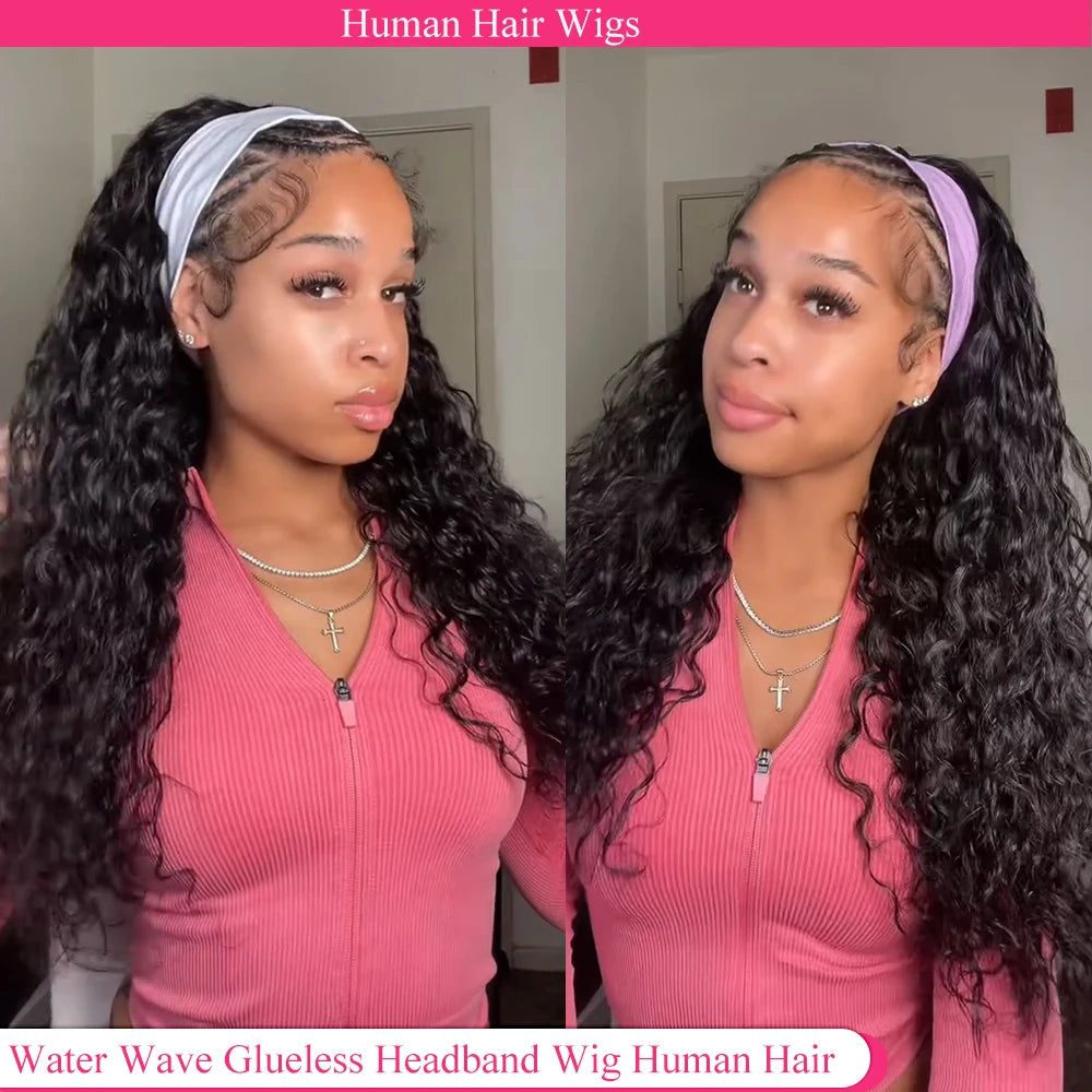 Water Wave Headband Wigs Human Hair Pull Go Glueless Half Curly Density