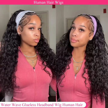 Water Wave Headband Wigs Human Hair Pull Go Glueless Half Curly Density