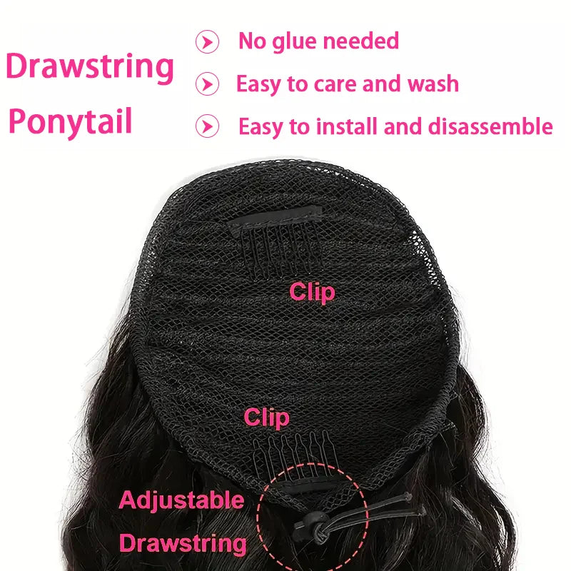 Body Wave Human Hair Drawstring Ponytail Extensions Remy, 100% Natural Clip in
