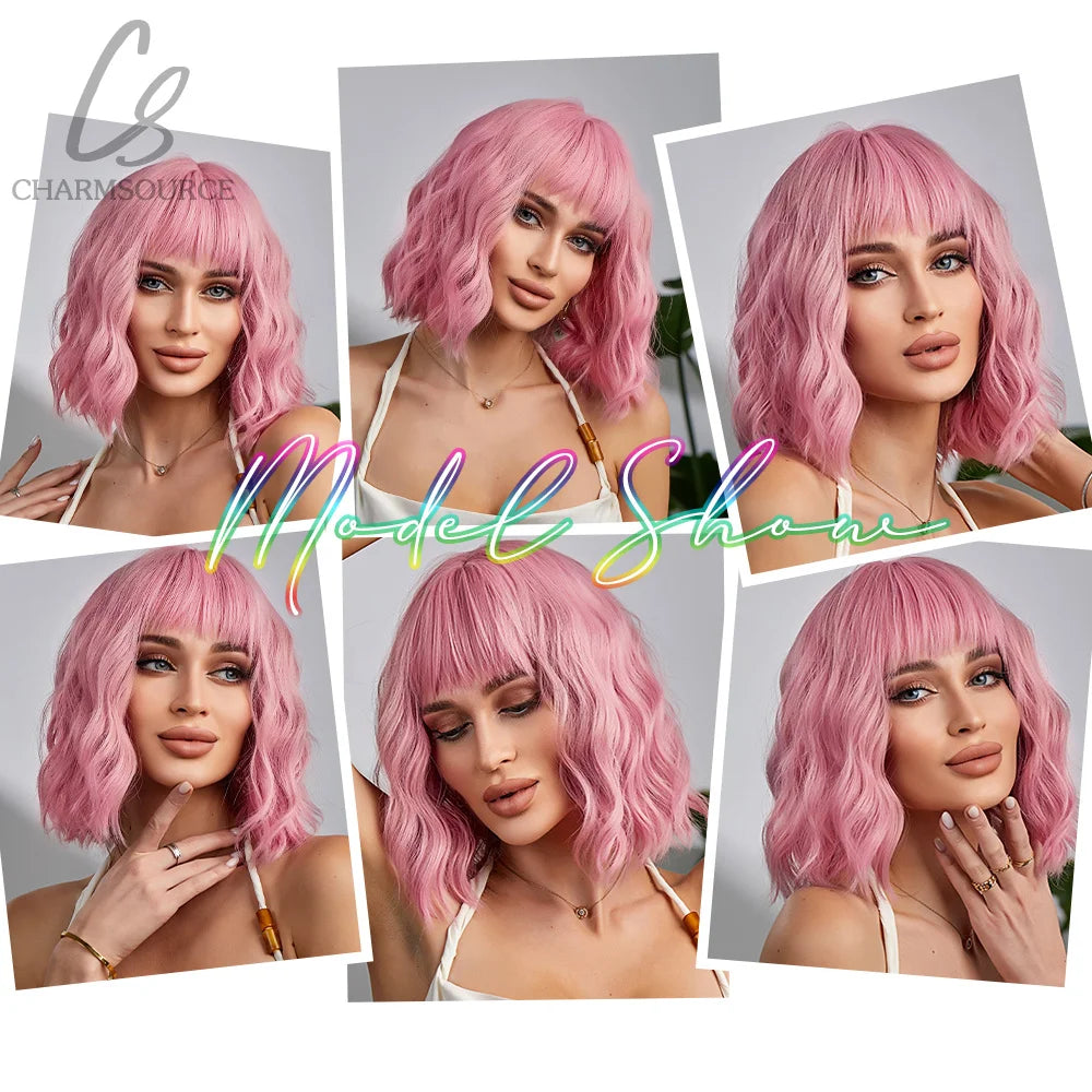 Pink BOBO Synthetic Wigs Short Natural Wave Hair Wig Party Daily High Density Heat Resistant