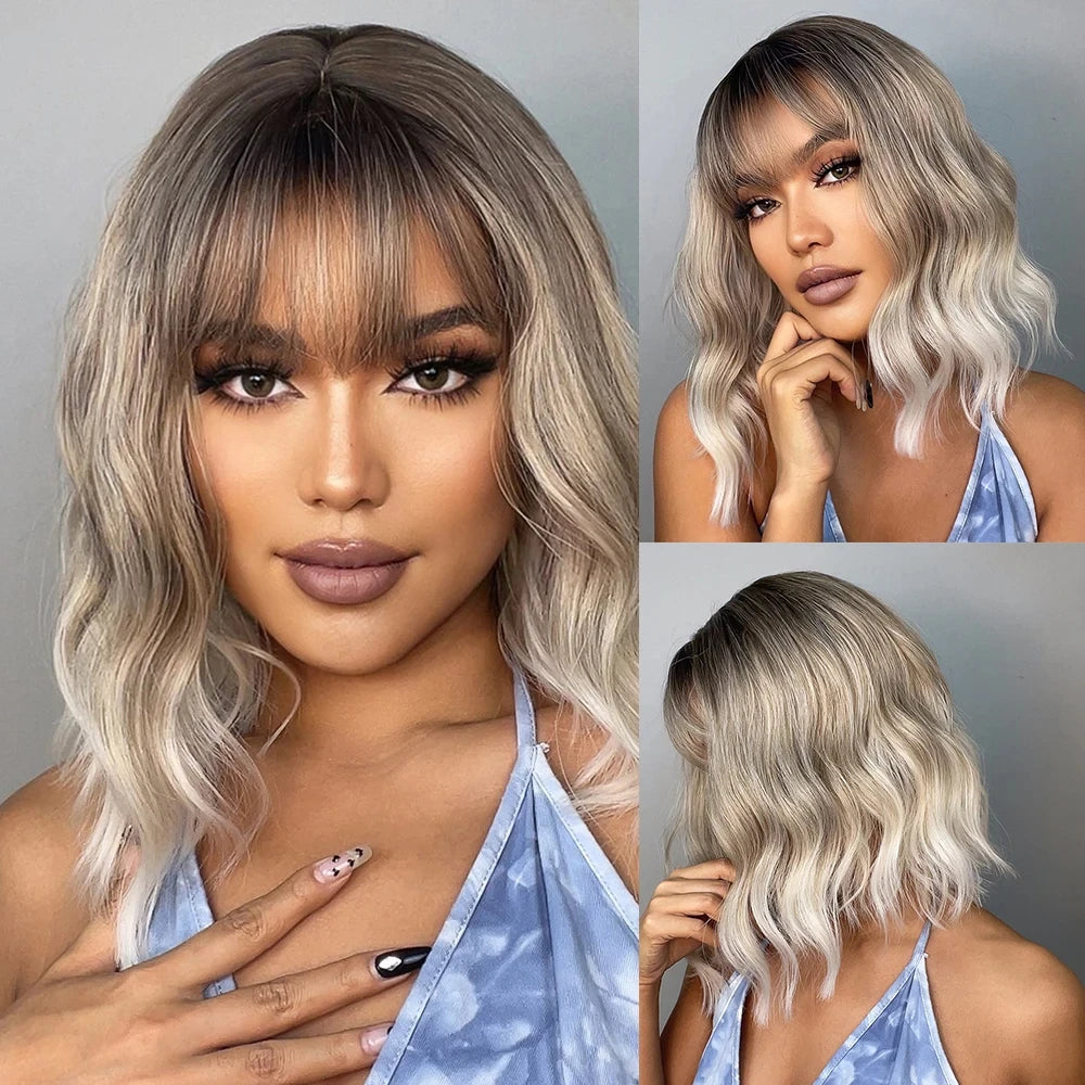 Pink BOBO Synthetic Wigs Short Natural Wave Hair Wig Party Daily High Density Heat Resistant