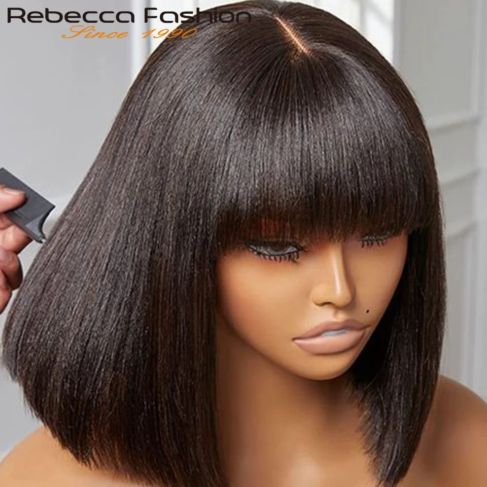 Straight Human Hair Bob Lace Wig with Bangs - Fringe Middle Part, Realistic Scalp, Brazilian