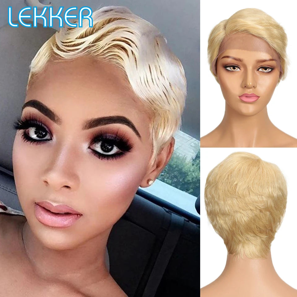 Black Short Pixie Cut, 13x1 C Part Lace Front 100% Human Hair