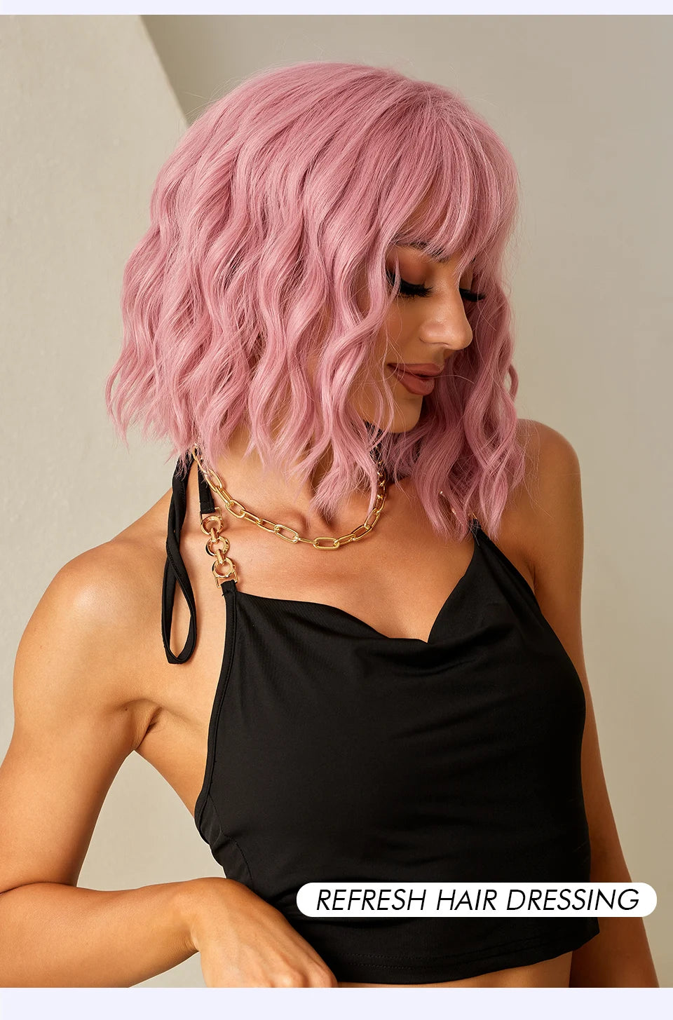 Pink BOBO Synthetic Wigs Short Natural Wave Hair Wig Party Daily High Density Heat Resistant