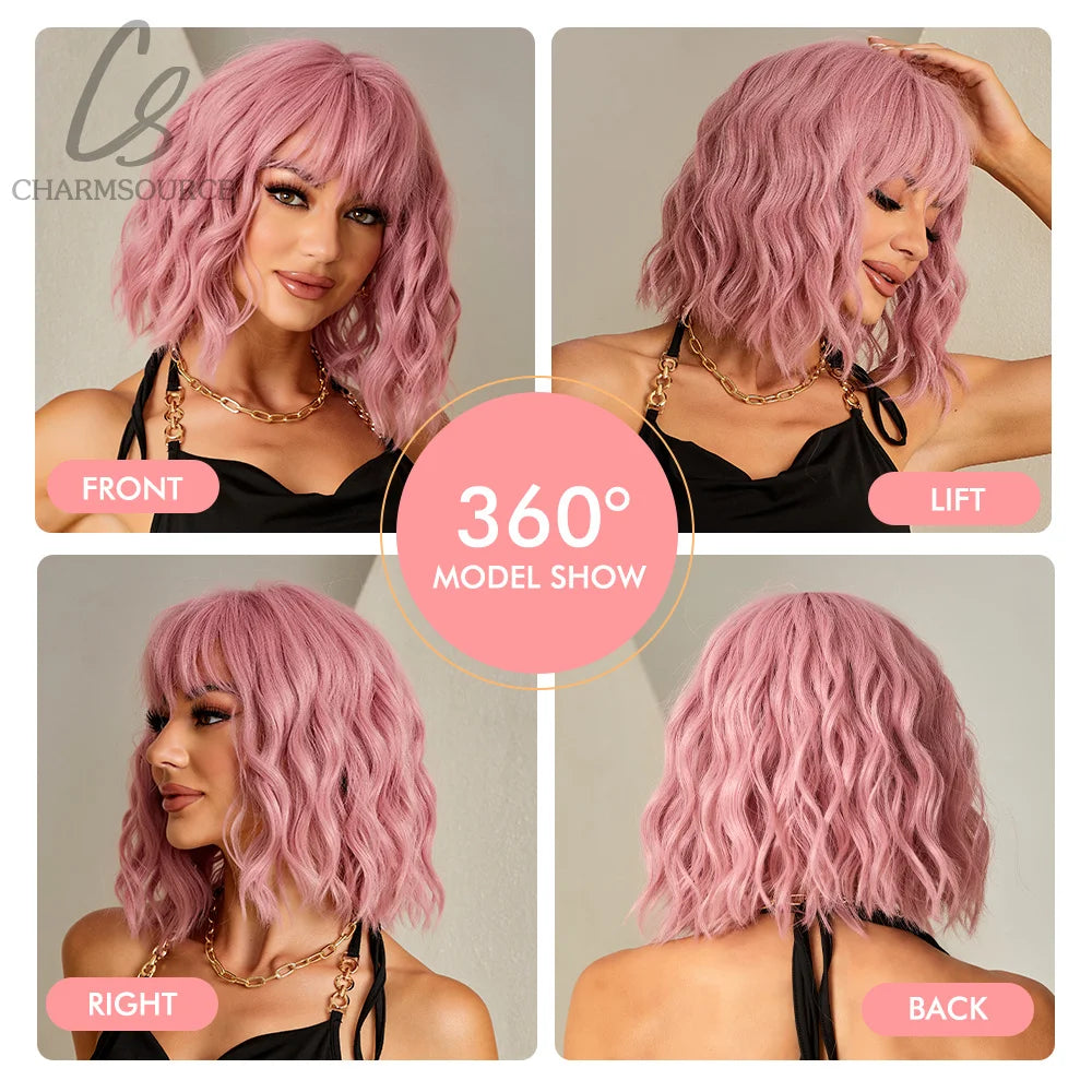Pink BOBO Synthetic Wigs Short Natural Wave Hair Wig Party Daily High Density Heat Resistant