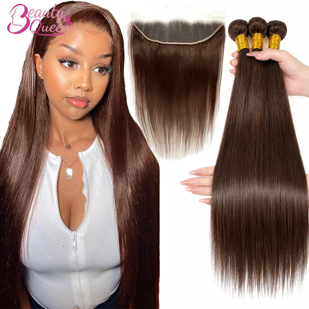 12A Chocolate Brown Straight Human Hair Bundles Closure Frontal Raw Brazilian Tissage