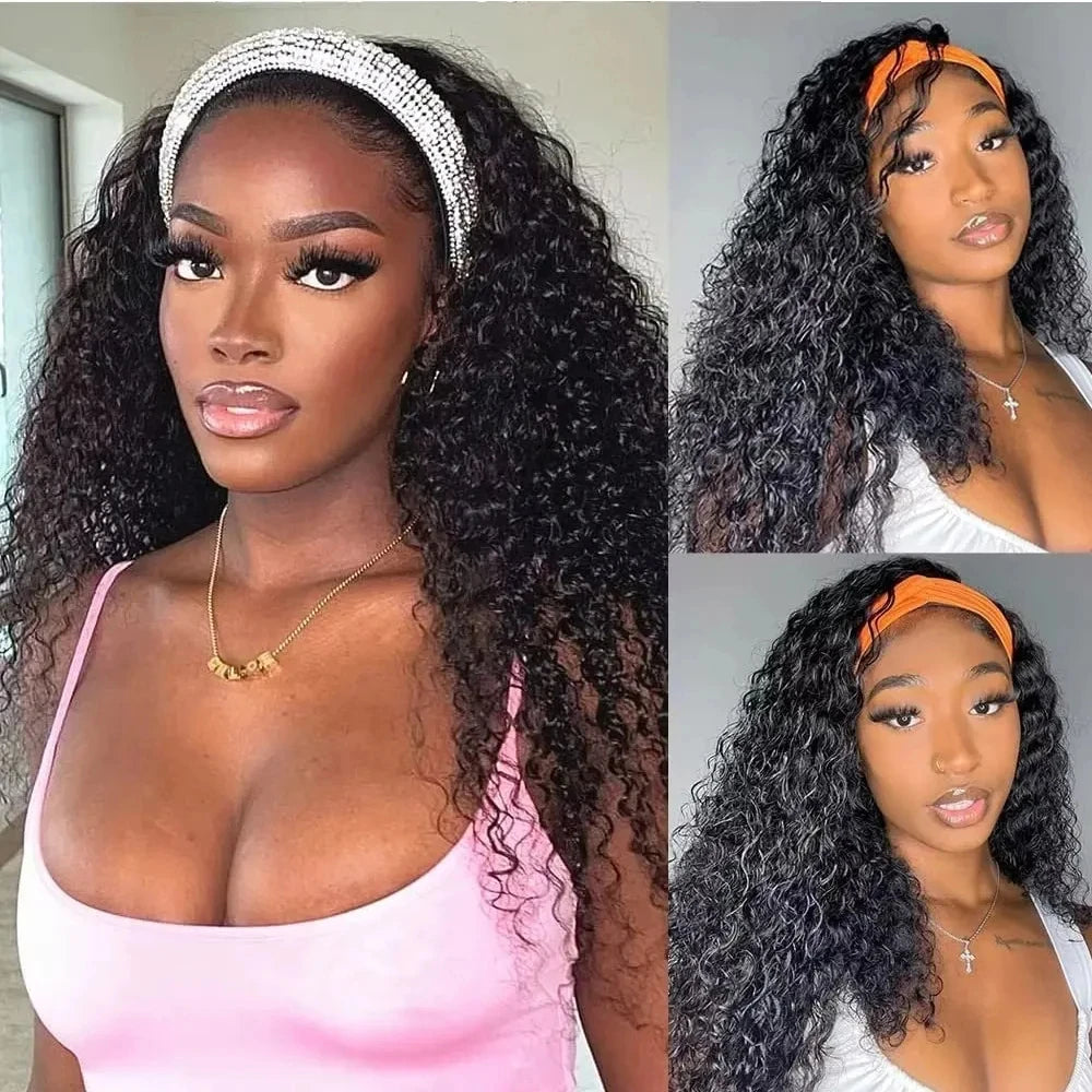 Water Wave Headband Wigs Human Hair Pull Go Glueless Half Curly Density