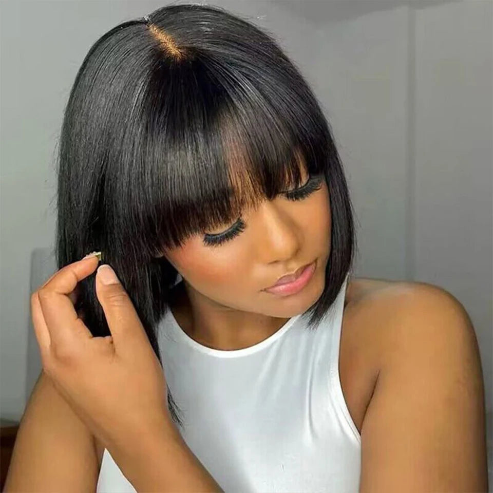 Straight Human Hair Bob Lace Wig with Bangs - Fringe Middle Part, Realistic Scalp, Brazilian