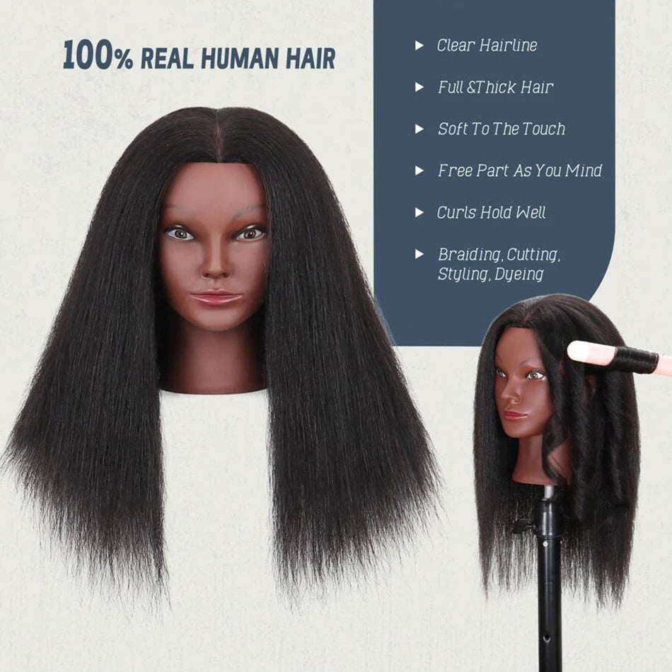 Mannequin Head Human Hair, 100% Real Cosmetology Doll Tripod Stand 18'Training Hairdresser