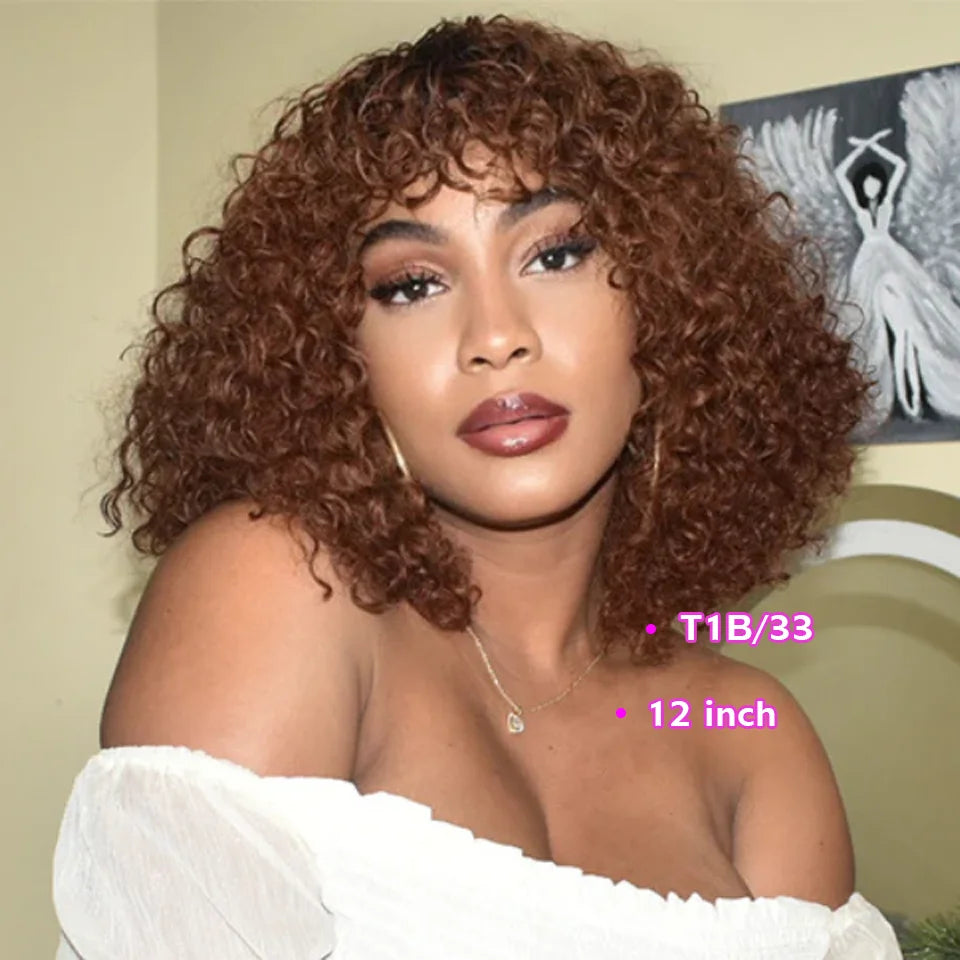 Jerry Curly Human Hair Wigs Bangs Full Machine Made Highlight Honey Blonde