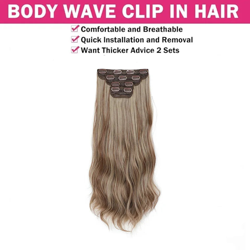Ombre Color Clips Hair Extension Synthetic Body Wave Ins Piece