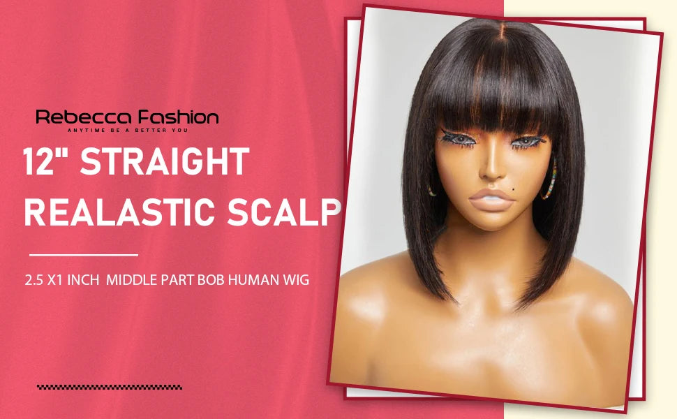 Straight Human Hair Bob Lace Wig with Bangs - Fringe Middle Part, Realistic Scalp, Brazilian