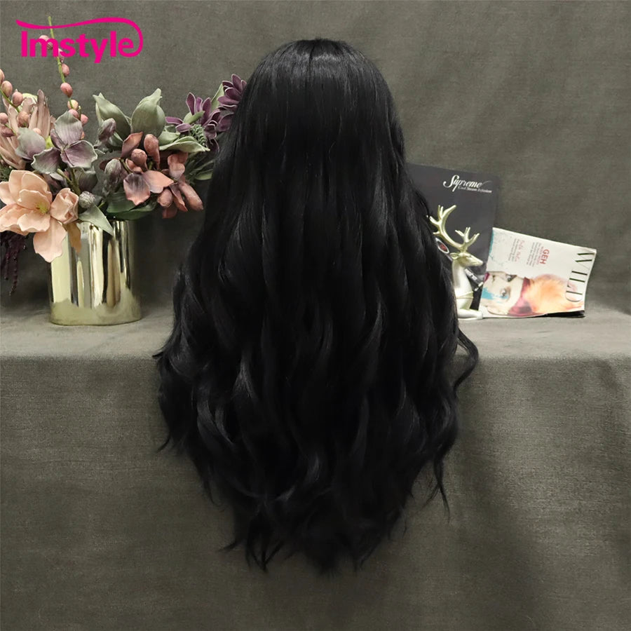 Jet Black Wigs Synthetic Lace Front Heat Resistant Fiber Natural Wavy Long