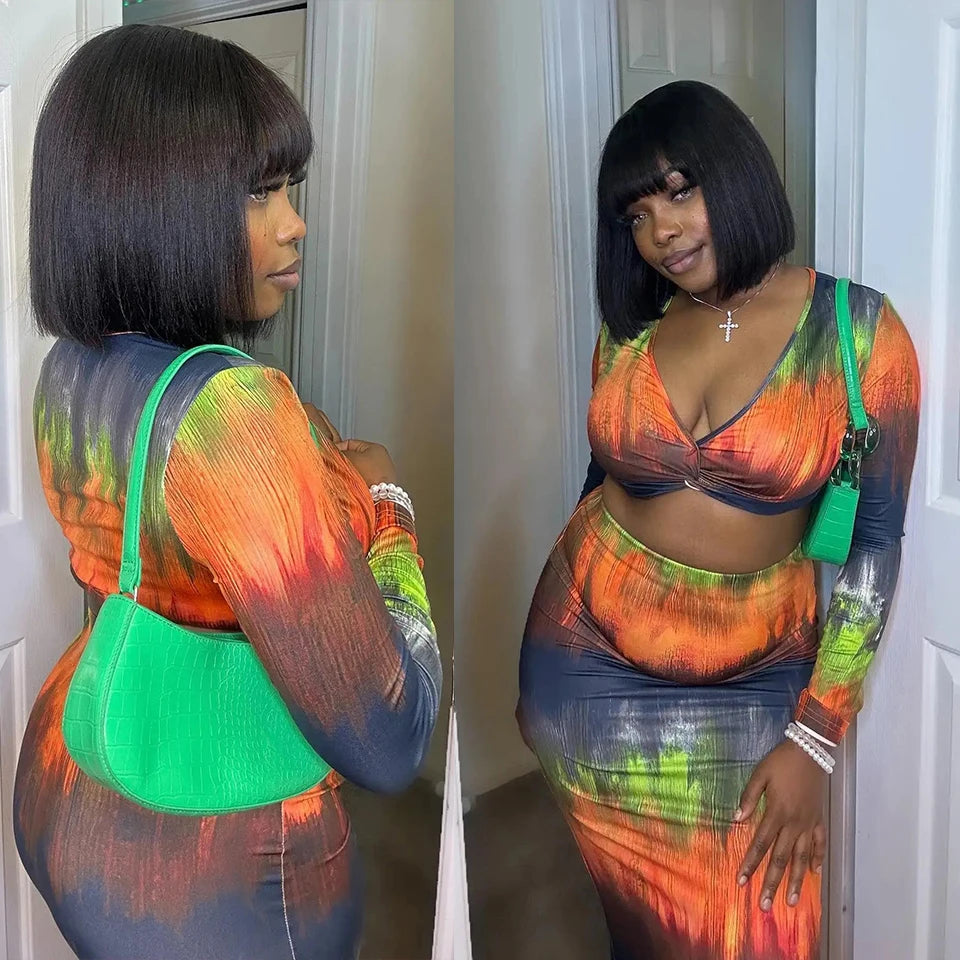 Straight Human Hair Bob Lace Wig with Bangs - Fringe Middle Part, Realistic Scalp, Brazilian