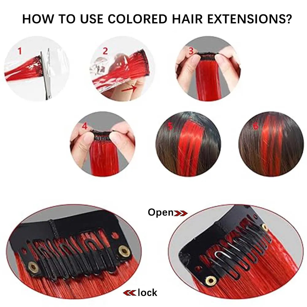 Colorful Long Straight Synthetic Clip-In Hair Extensions, 3 Pack, Party