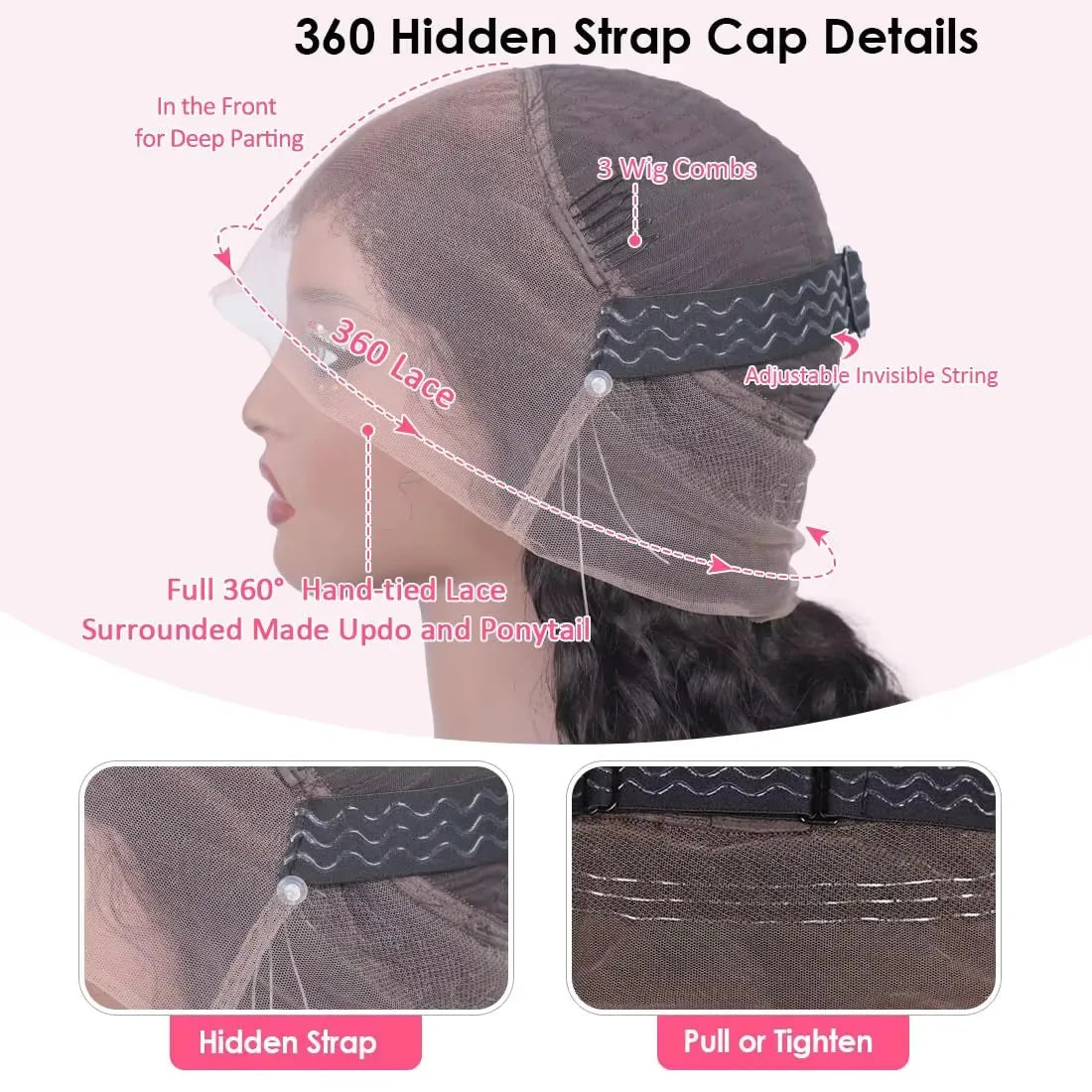 Lace Front Wigs Human Hair Drawstring Pre Plucked Hidden Strap HD Full