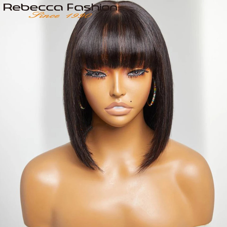 Straight Human Hair Bob Lace Wig with Bangs - Fringe Middle Part, Realistic Scalp, Brazilian