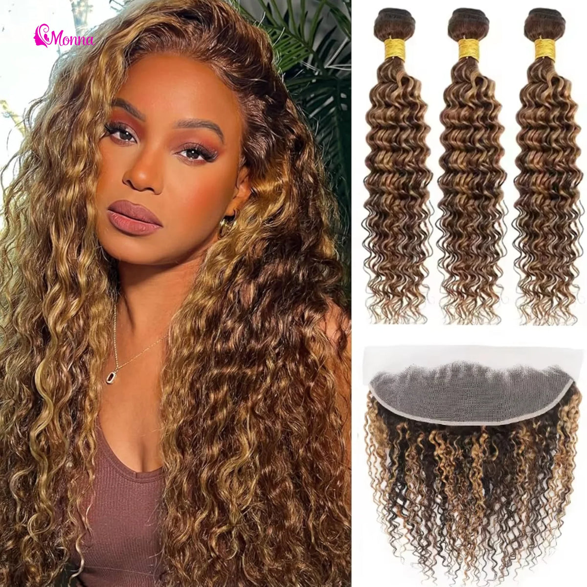 4/27 Highlight Curly Brazilian Hair Weaves Bundles Frontal, 13x4 Lace Closure Deep