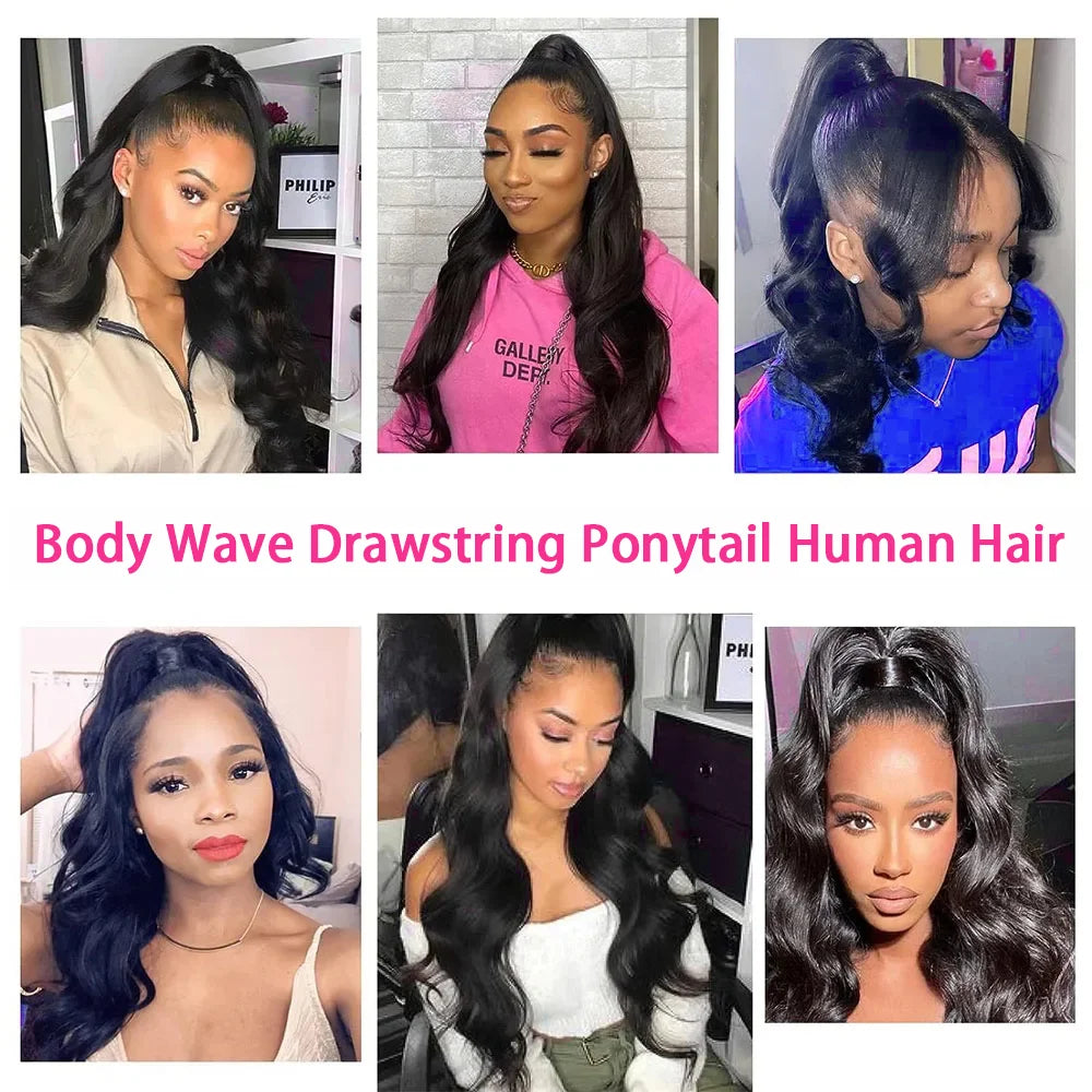 Body Wave Human Hair Drawstring Ponytail Extensions Remy, 100% Natural Clip in