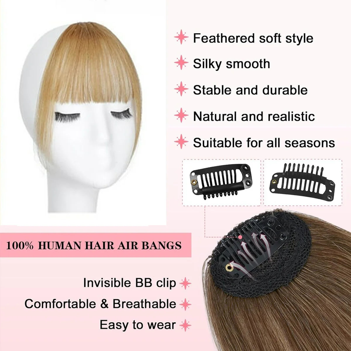 Wispy Curtain Bangs, 100% Human Hair Light French Air Temples Clip in