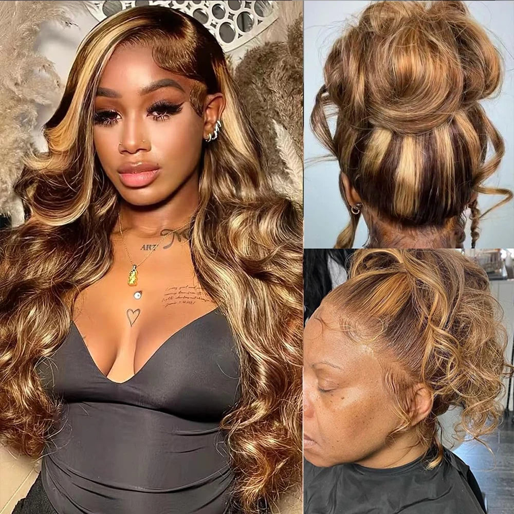 Density Highlight Lace Front Wig Human Hair P4/27 HD, 13x4 Body Wave
