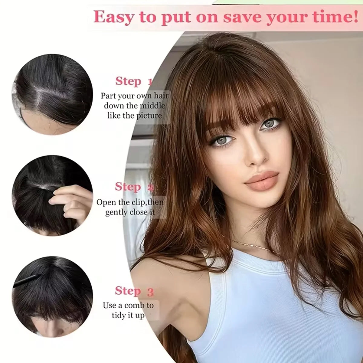 Wispy Curtain Bangs, 100% Human Hair Light French Air Temples Clip in
