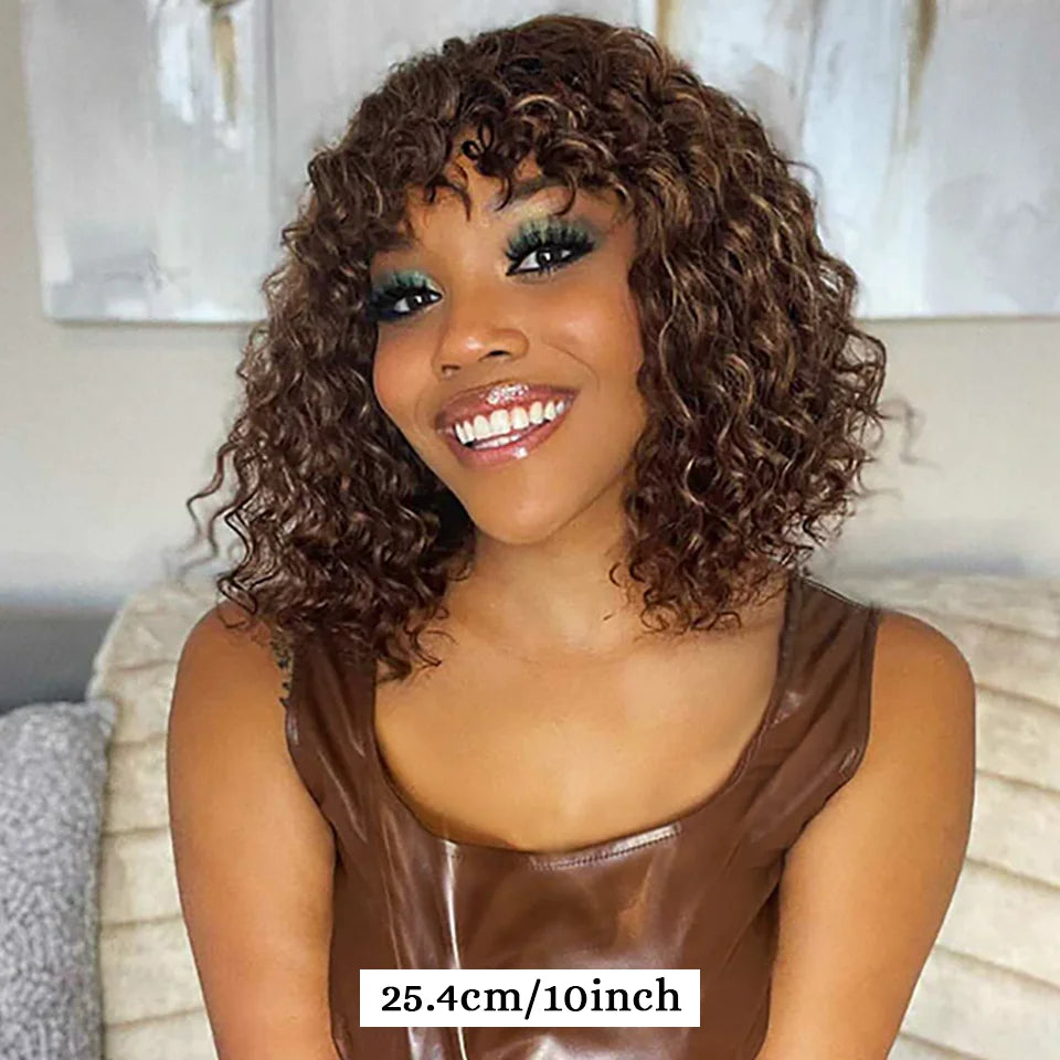 Jerry Curly Human Hair Wigs Bangs Full Machine Made Highlight Honey Blonde