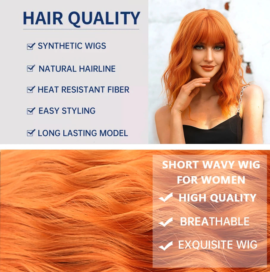 Short Copper Ginger Synthetic Natural Wavy Wigs Hair Orange Halloween Bob Bangs