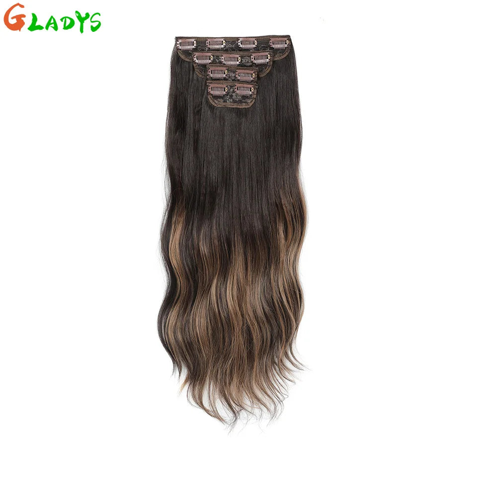 Ombre Color Clips Hair Extension Synthetic Body Wave Ins Piece