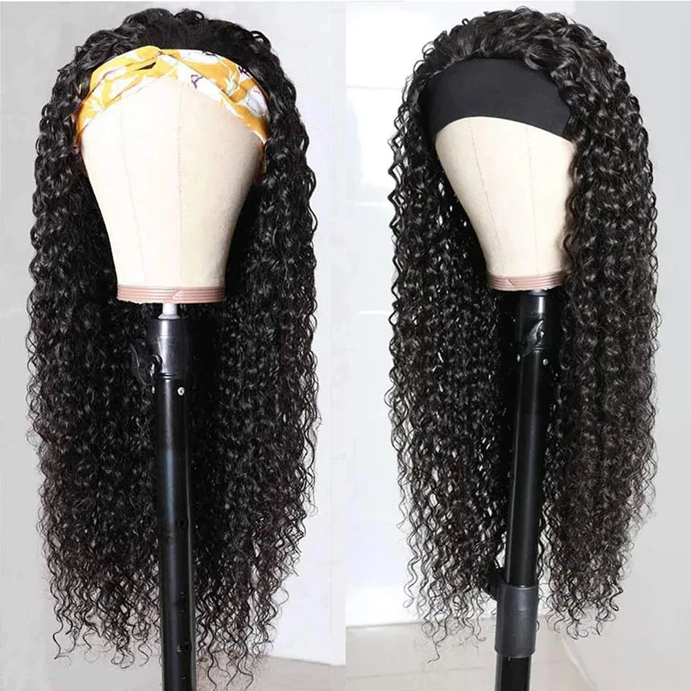 Water Wave Headband Wigs Human Hair Pull Go Glueless Half Curly Density