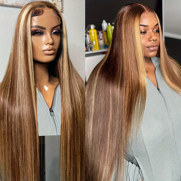 Honey Blonde Highlight Ombre 4/27 Human Hair Wigs HD Transparent Brown Colored