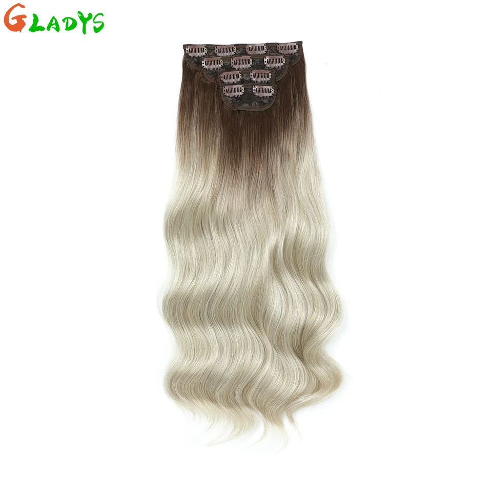 Ombre Color Clips Hair Extension Synthetic Body Wave Ins Piece