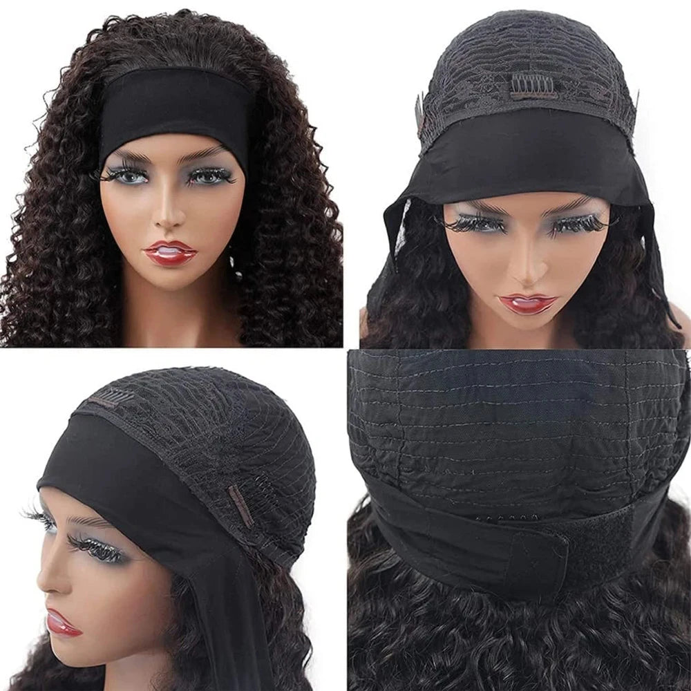 Water Wave Headband Wigs Human Hair Pull Go Glueless Half Curly Density
