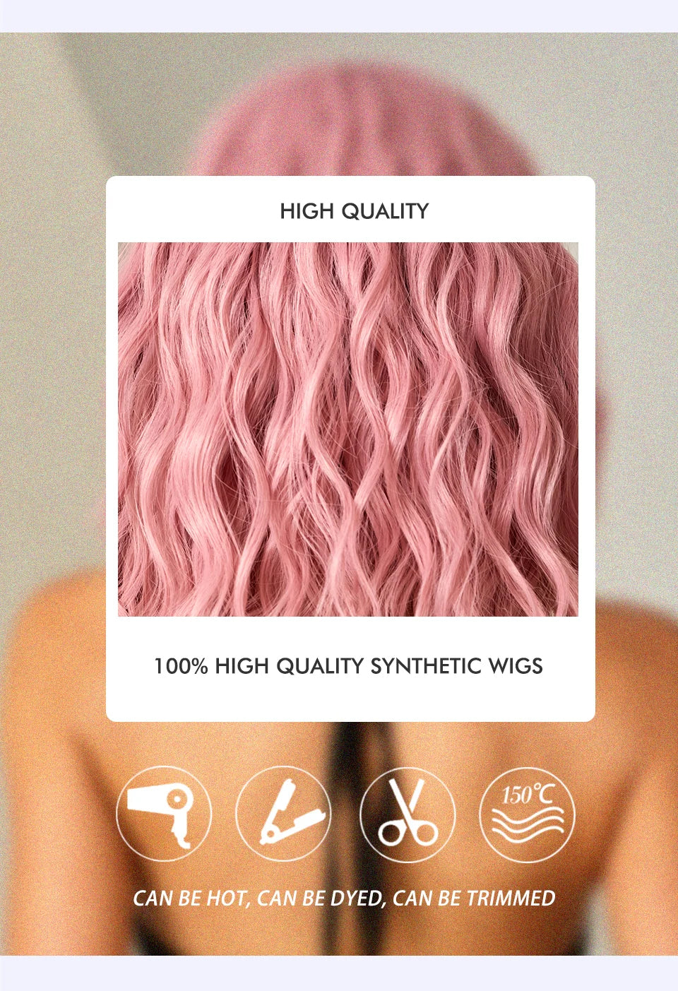 Pink BOBO Synthetic Wigs Short Natural Wave Hair Wig Party Daily High Density Heat Resistant