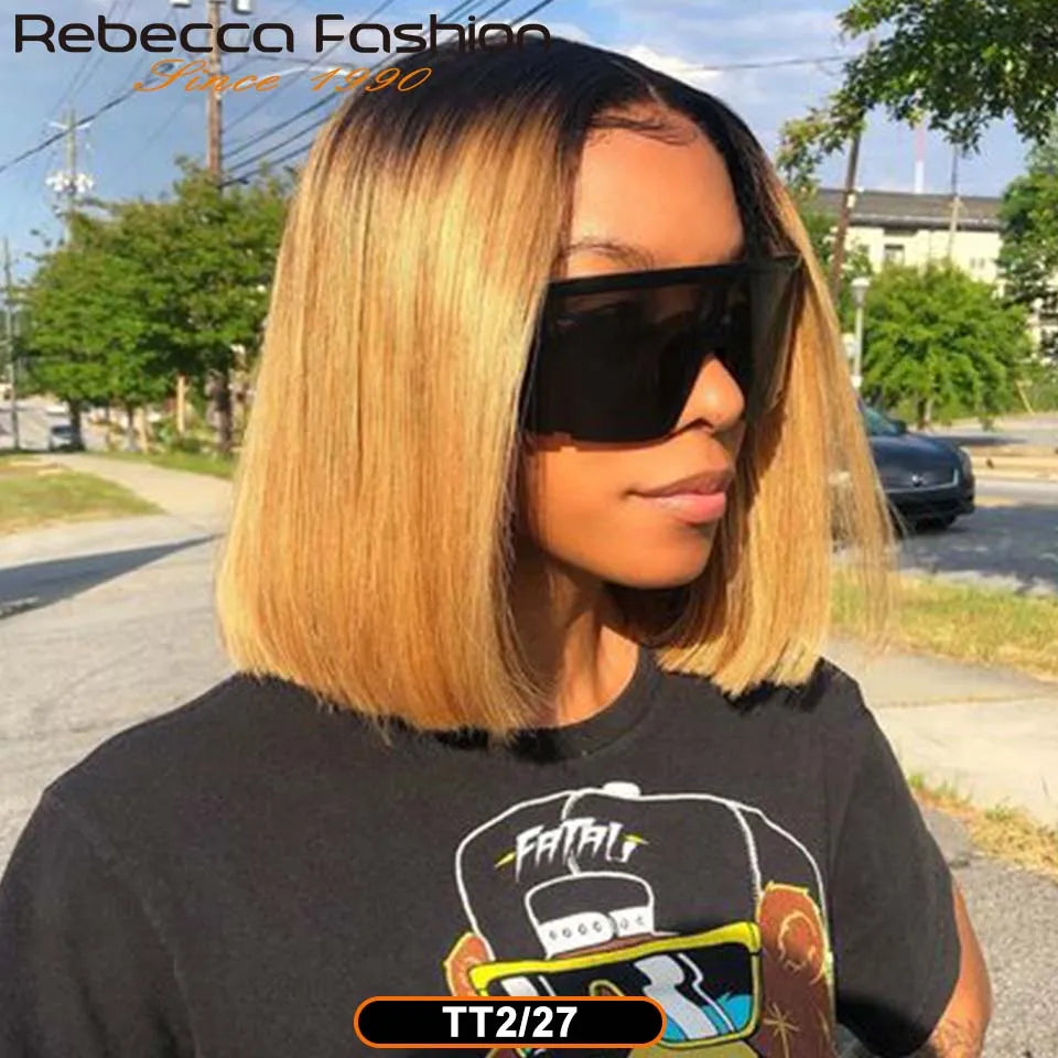 Short Cut Colored Pink Bob T Part Lace Wigs Human Hair 180D