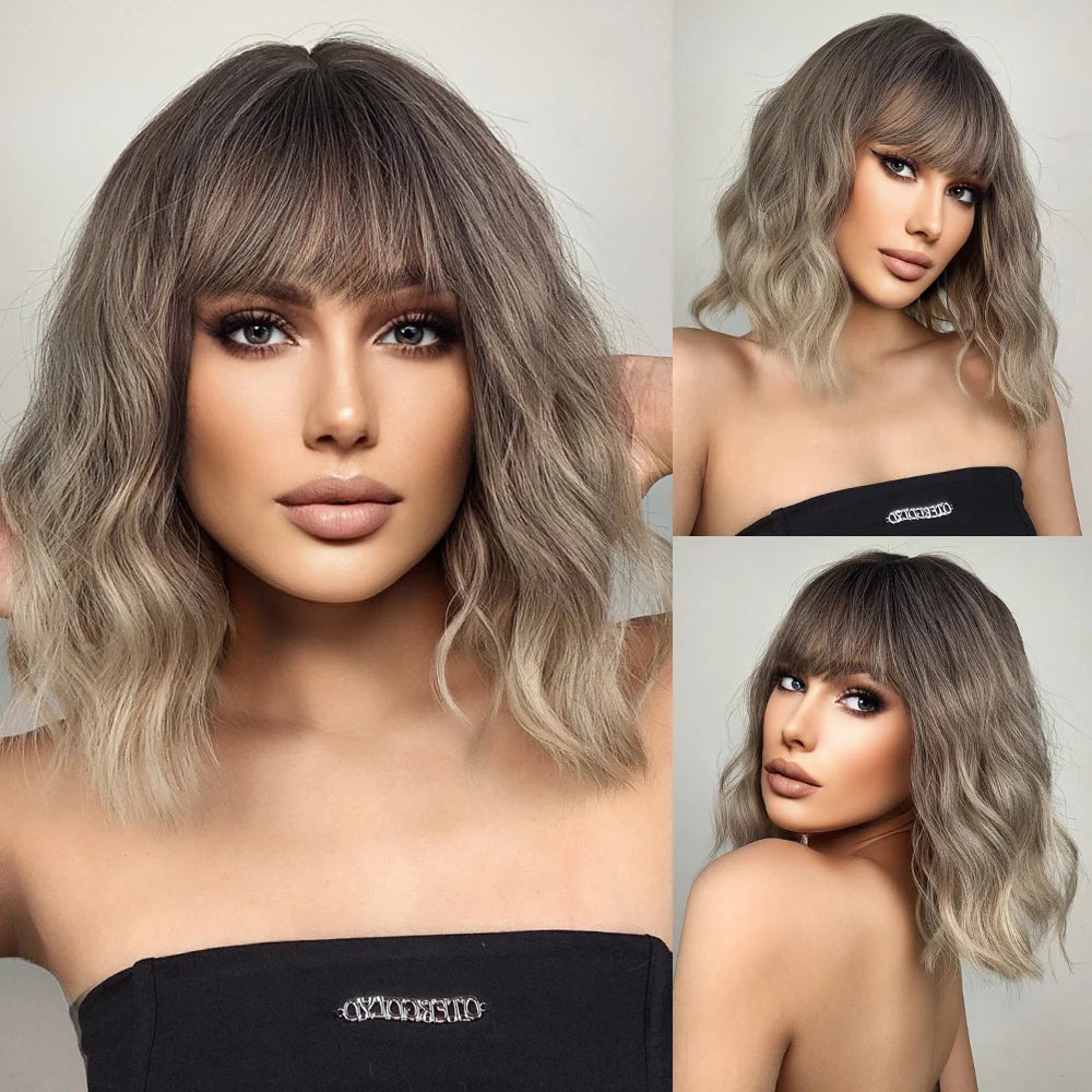 Pink BOBO Synthetic Wigs Short Natural Wave Hair Wig Party Daily High Density Heat Resistant