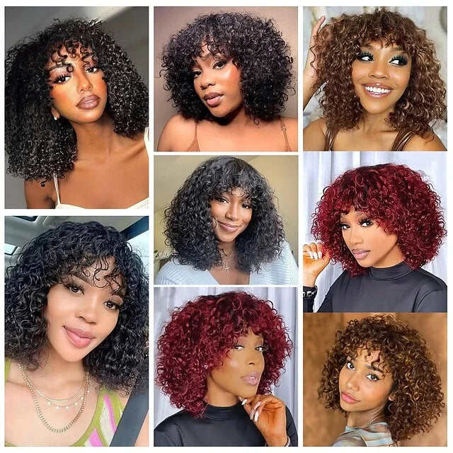 Jerry Curly Human Hair Wigs Bangs Full Machine Made Highlight Honey Blonde