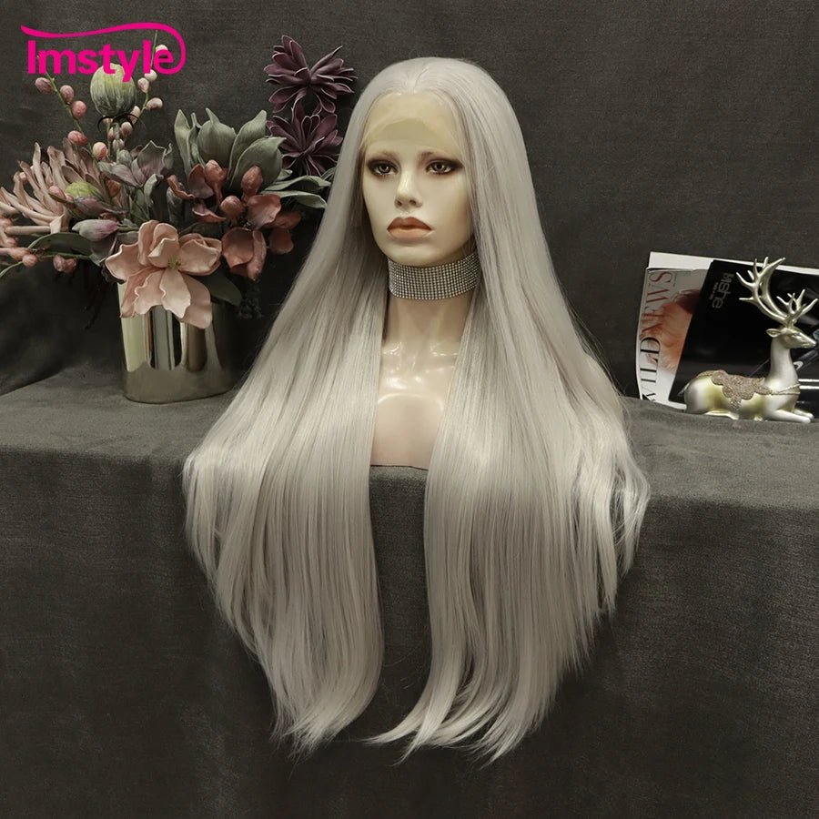 Grey Wig Long Synthetic Lace Front Straight Hair Heat Resistant Fiber Cosplay