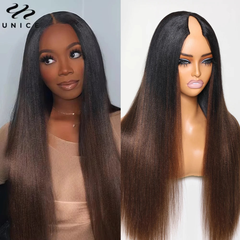 Yaki Straight V Part Wig 100% Human Hair Wigs With Drawstring No Leave-out No Glue Beginner Friendly Yaki V Shape Wigs