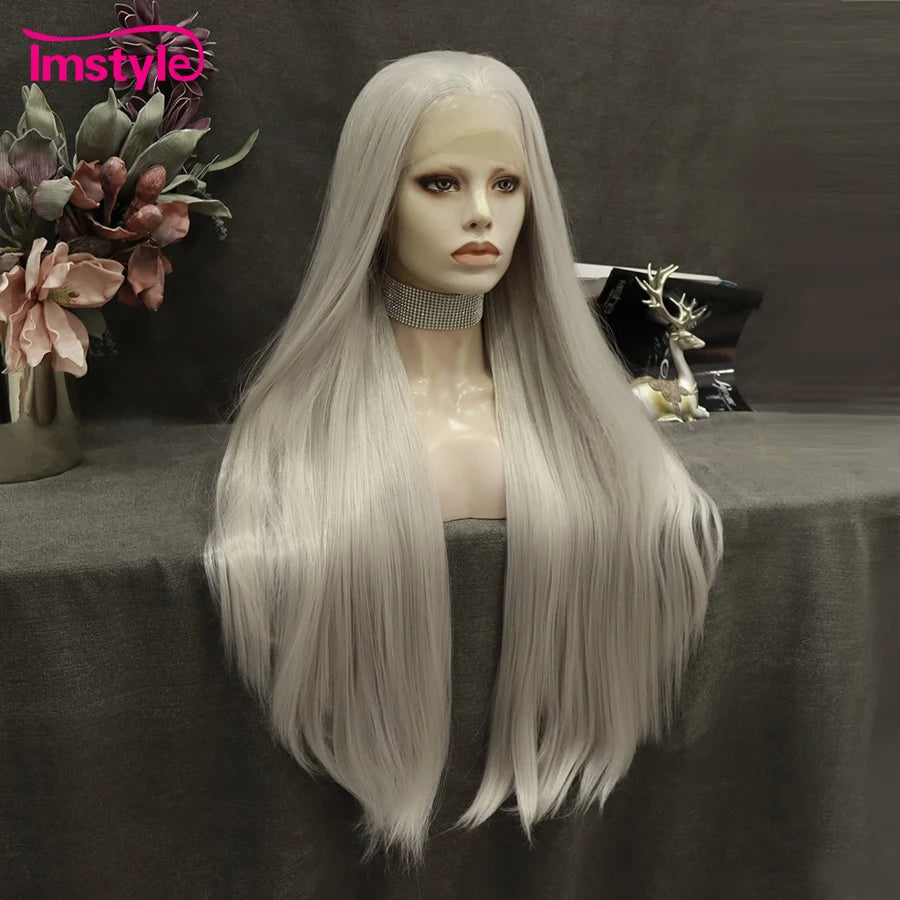 Grey Wig Long Synthetic Lace Front Straight Hair Heat Resistant Fiber Cosplay