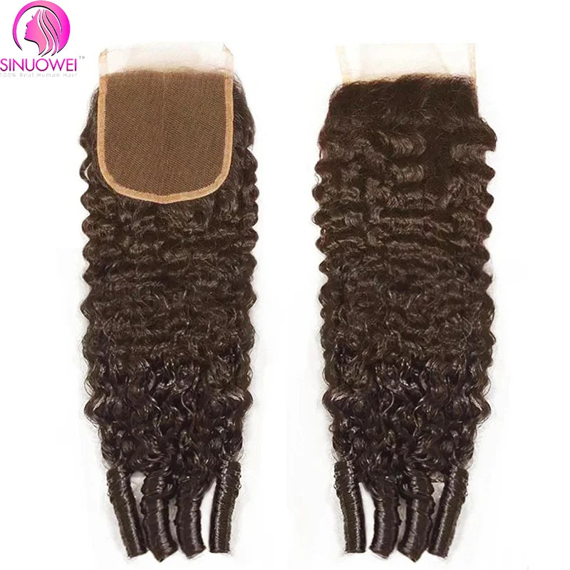 Chocolate Brown Burmese Curly Human Hair Bundles with Lace Closure, 4 Pack