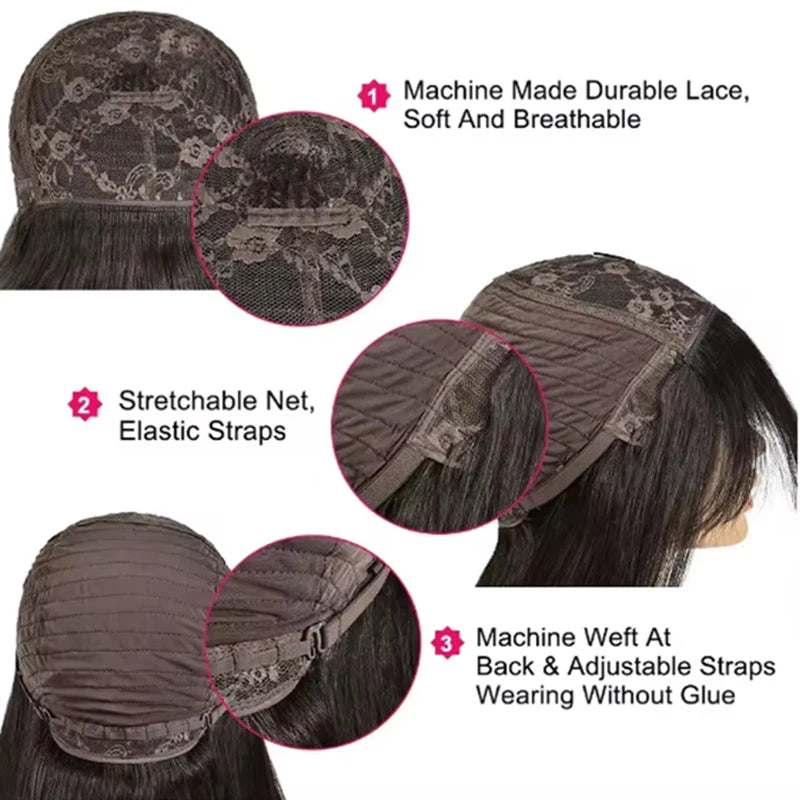 Water Wave Human Hair Wigs Bangs 1B Black Not Lace Natural Color