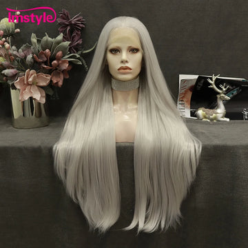 Grey Wig Long Synthetic Lace Front Straight Hair Heat Resistant Fiber Cosplay