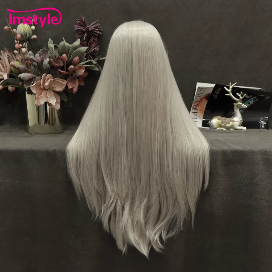 Grey Wig Long Synthetic Lace Front Straight Hair Heat Resistant Fiber Cosplay
