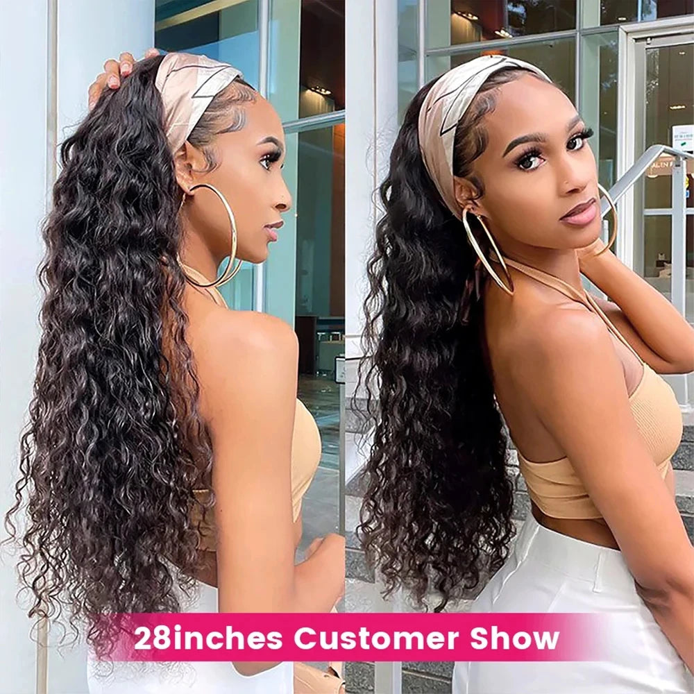 Water Wave Headband Wigs Human Hair Pull Go Glueless Half Curly Density