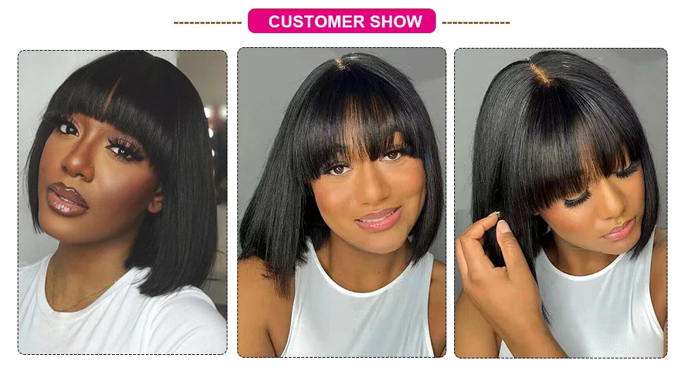 Straight Human Hair Bob Lace Wig with Bangs - Fringe Middle Part, Realistic Scalp, Brazilian