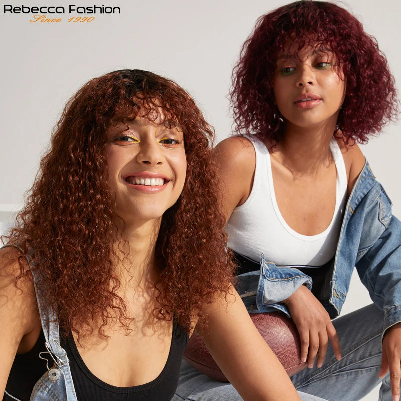 Jerry Curly Human Hair Wigs Bangs Full Machine Made Highlight Honey Blonde