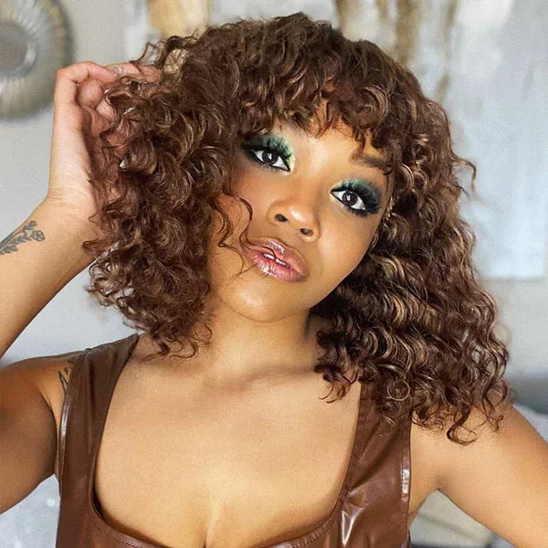 Jerry Curly Human Hair Wigs Bangs Full Machine Made Highlight Honey Blonde