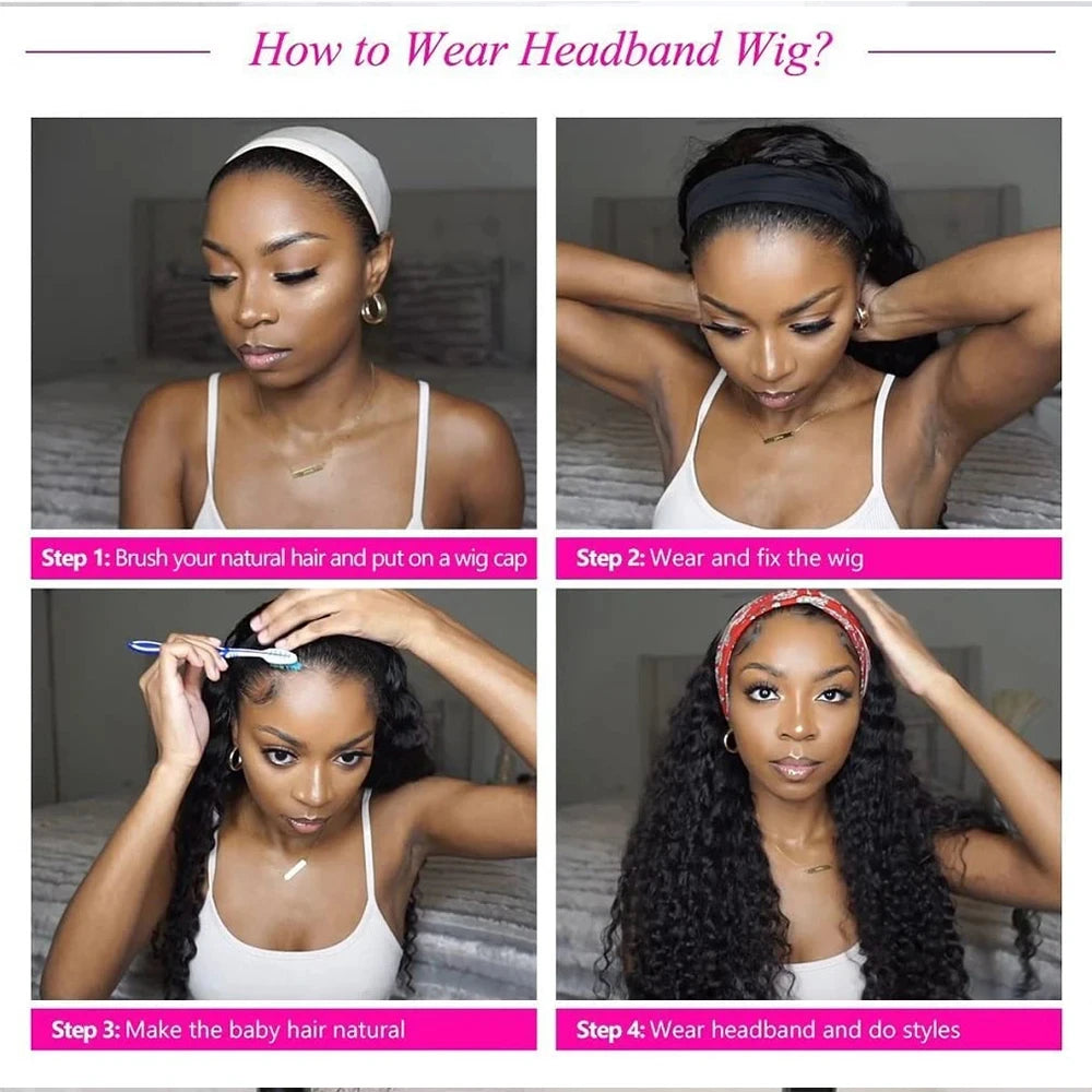Water Wave Headband Wigs Human Hair Pull Go Glueless Half Curly Density