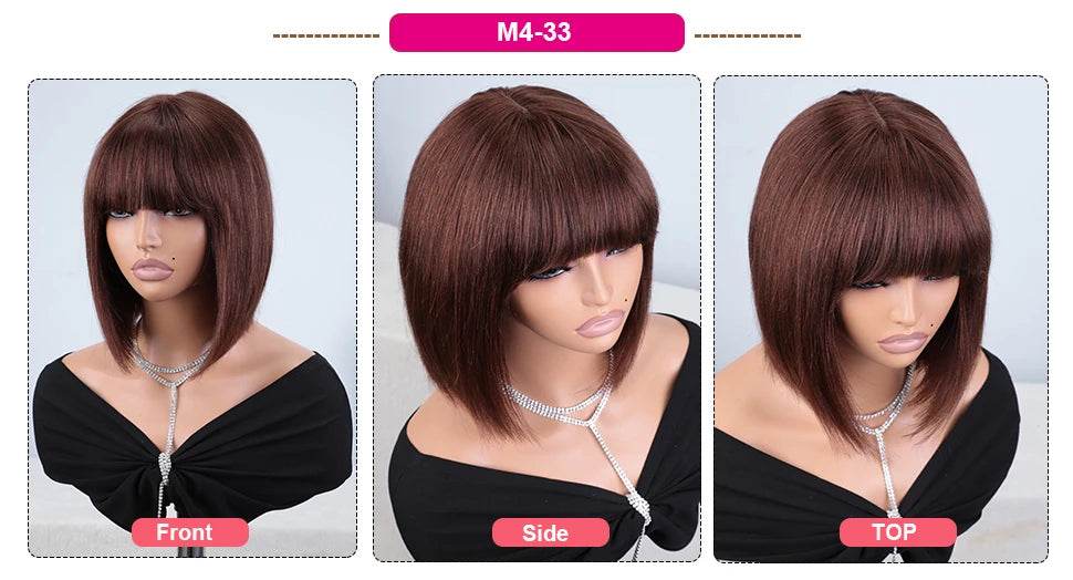 Straight Human Hair Bob Lace Wig with Bangs - Fringe Middle Part, Realistic Scalp, Brazilian